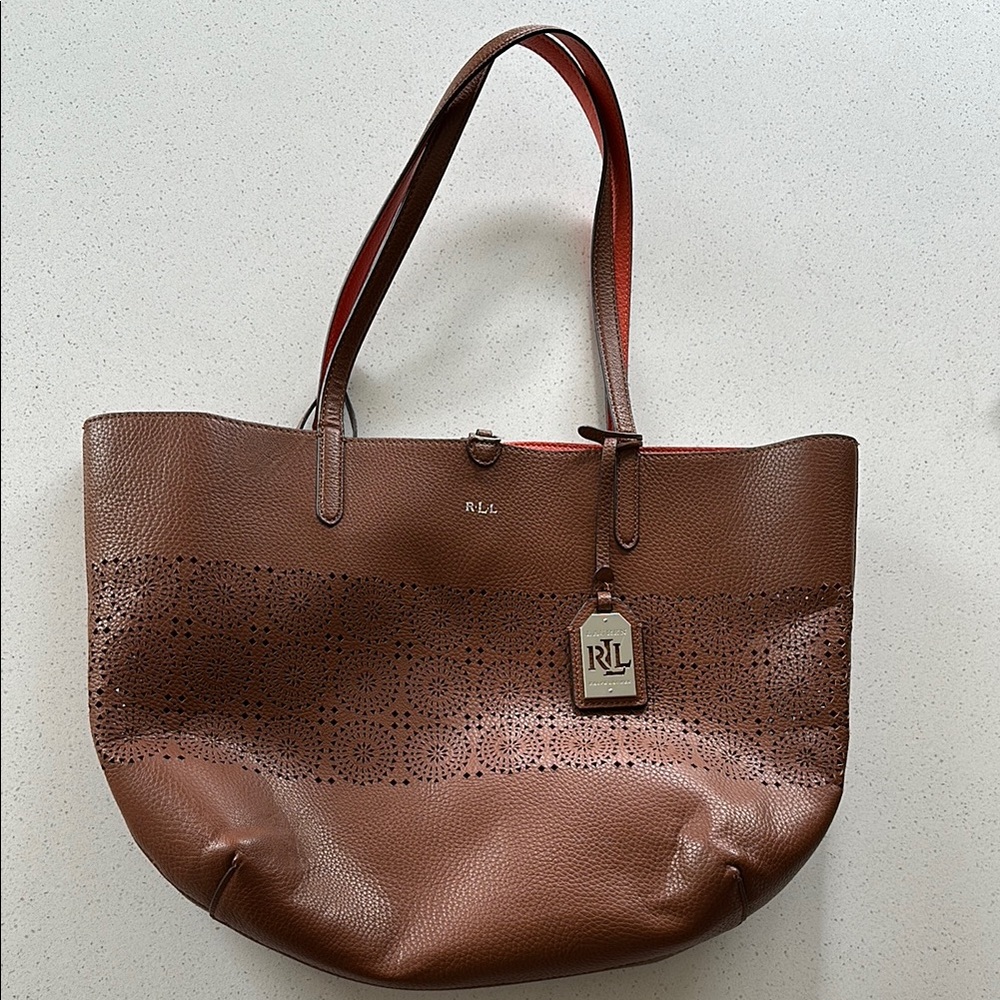 Ralph Lauren Brown Tote Bag with Leather Material and Spacious Compartment